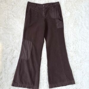 Cotelac Brown Wide Leg Flare Pants Patchwork Pockets